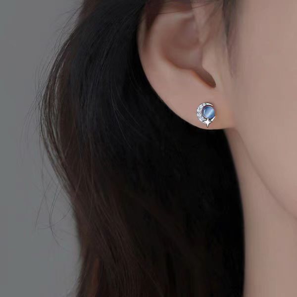 Blue Star and Moon Cat's Eye Stone Earrings for Women, Light Luxury Niche High-End Design, Wholesale Factory Direct