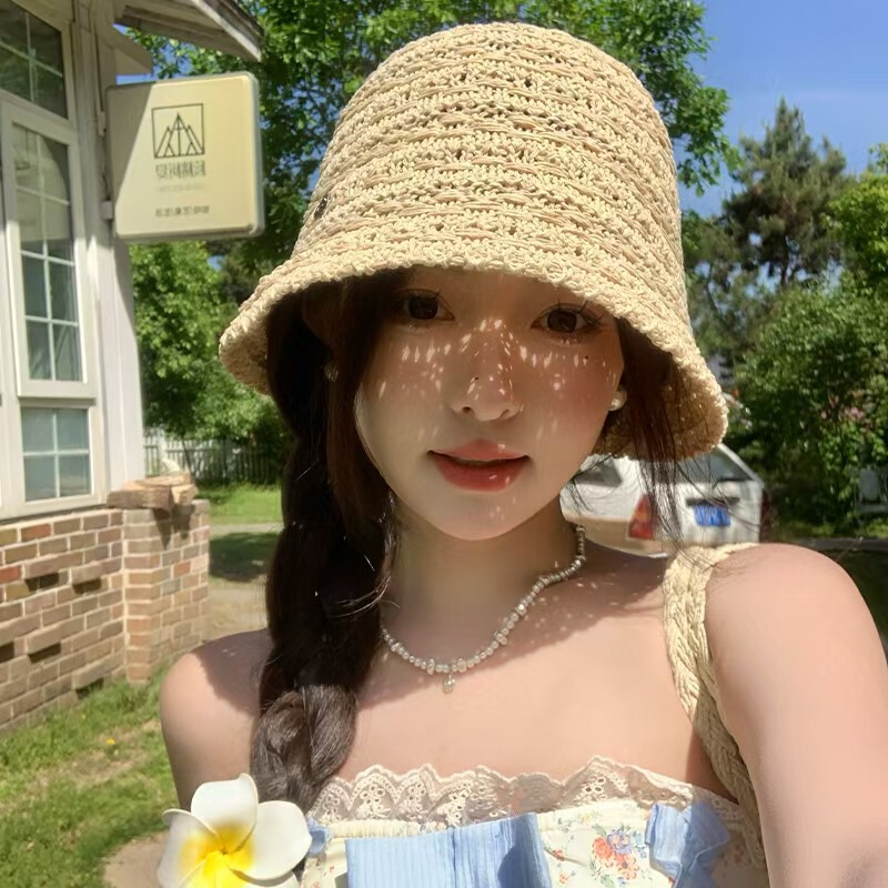 French Style Hollow Woven Seaside Straw Hat Women's Summer Big Brim Sunscreen Hat Big Head Circumference Foldable Fisherman Hat Trendy