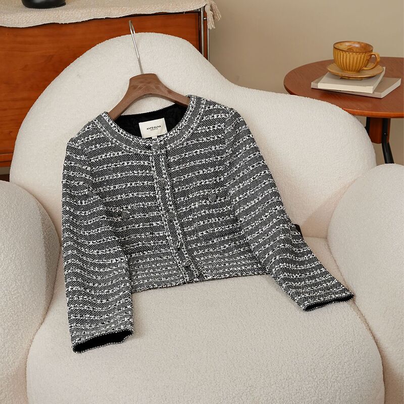 Anfeiren's New French Style Gray Stripesd Slim Elegant Slim Tweed Women's Jacket Anfeiren's New French Style Gray Stripesd Slim Elegant Slim Tweed Women's Jacket