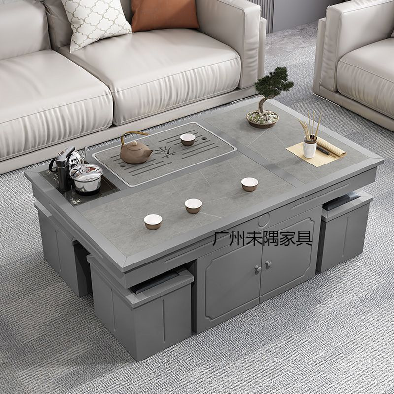 Modern Slate Kung Fu Coffee Table with Kettle, Four Stools, Home Living Room, Office Tea Set, Tea Making Table