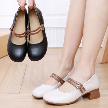 真皮浅口单鞋女头层牛皮3233小码小脚软皮小皮鞋舒适粗跟玛丽珍鞋