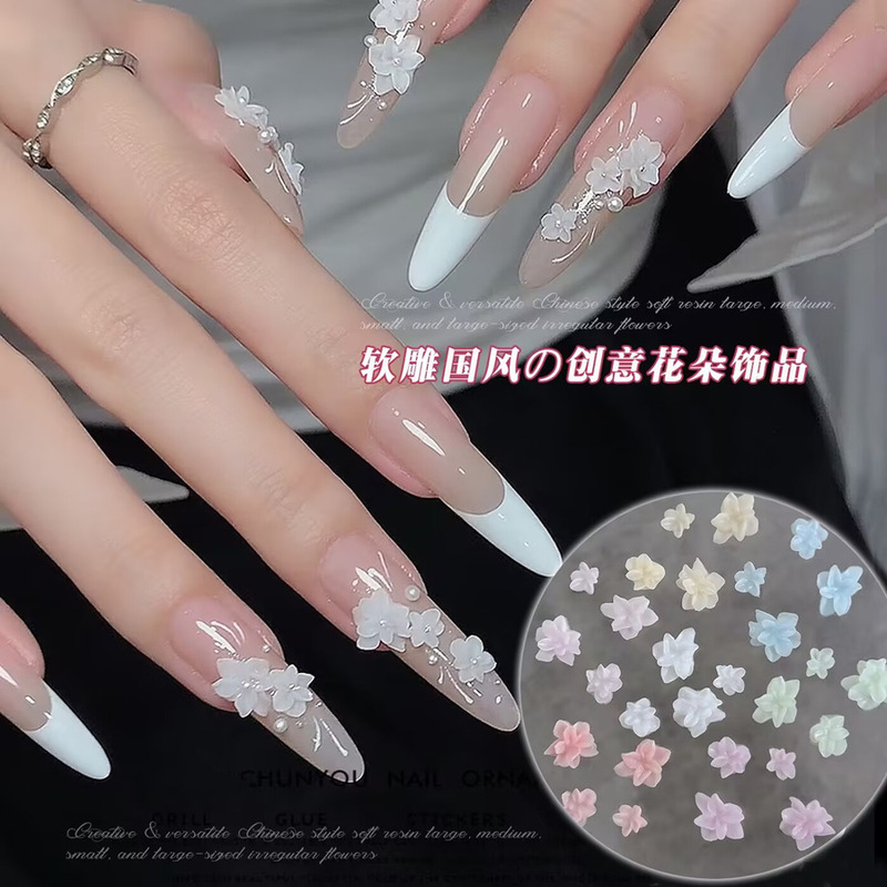 Soft Carved New Manicure Finished Product Mixed Size Chinese Style High-End Flower White Artificial Stereo Nail Jewelry Soft Carved New Manicure Finished Product Mixed Size Chinese Style High-End Flower White Artificial Stereo Nail Jewelry