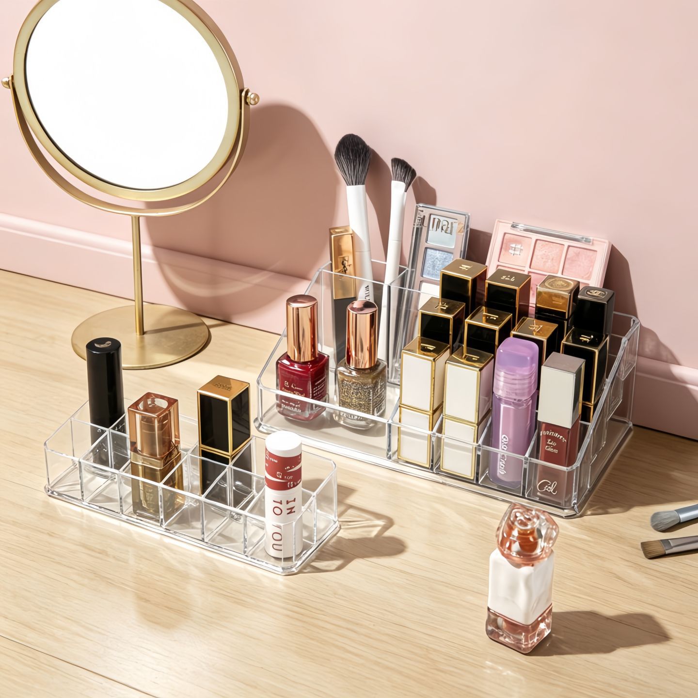 Multi-compartment lipstick storage box, ins-style lip gloss organizer, popular transparent desktop lipstick organizer