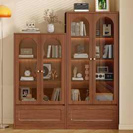 实木书柜带玻璃门收纳柜中古风客厅展示柜靠墙置物柜小户型收纳柜