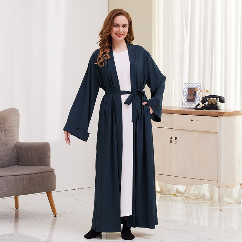 Muslim Cardigan Robe For Women Solid Colour Tie-up Dubai Style_voghion.com