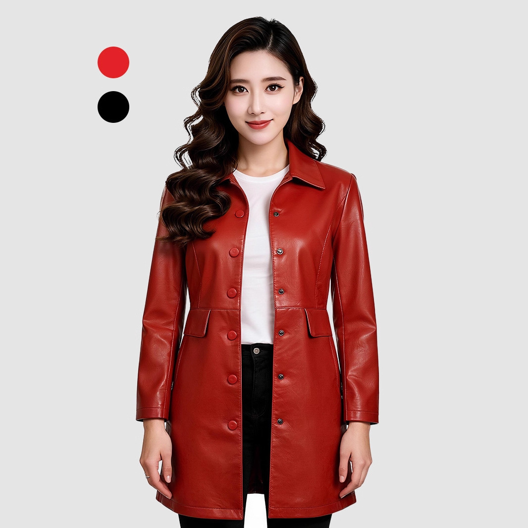Spring and Autumn Women's Pu Leather Coat, Mid-Length, Slim Fit, Large Size, Elegant and Stylish, with Large Lapel, 2026 New Model