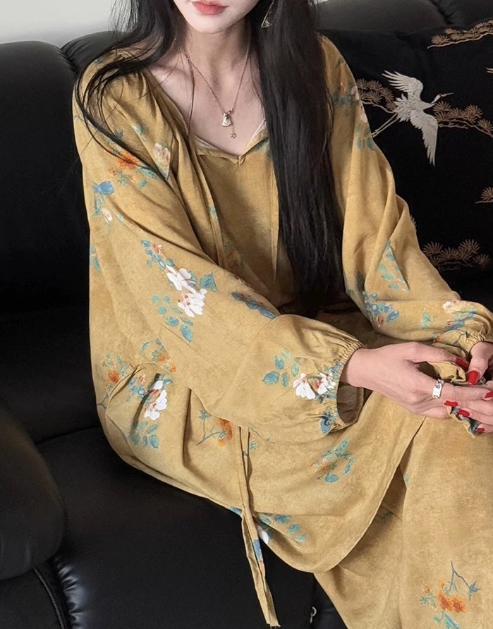 [Traje de casa de bolsillo] Pijamas de seda de algodón de primavera y verano, mangas de linterna de estilo nacional femenino, pantalones de manga larga de algodón, servicio a domicilio