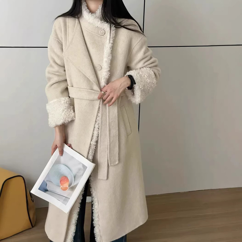 Special Offer: Korean-Style Purple Lamb Wool Spliced Long Coat for Women, New Winter Thickened Double-Sided Wool Coat