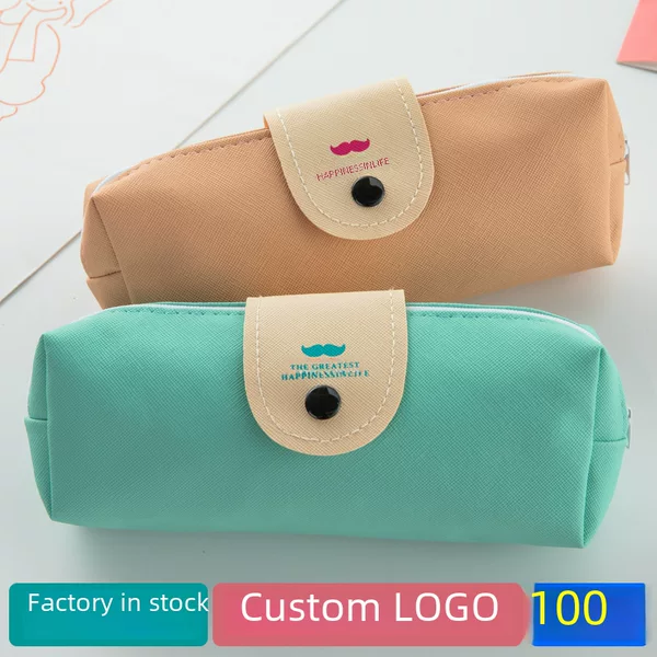 K-Style of Simple Beard Snap Pencil Bag Pu Large Capacity Student Leather Stationery Bag Pencil Bag Factory Direct Sales Gift
