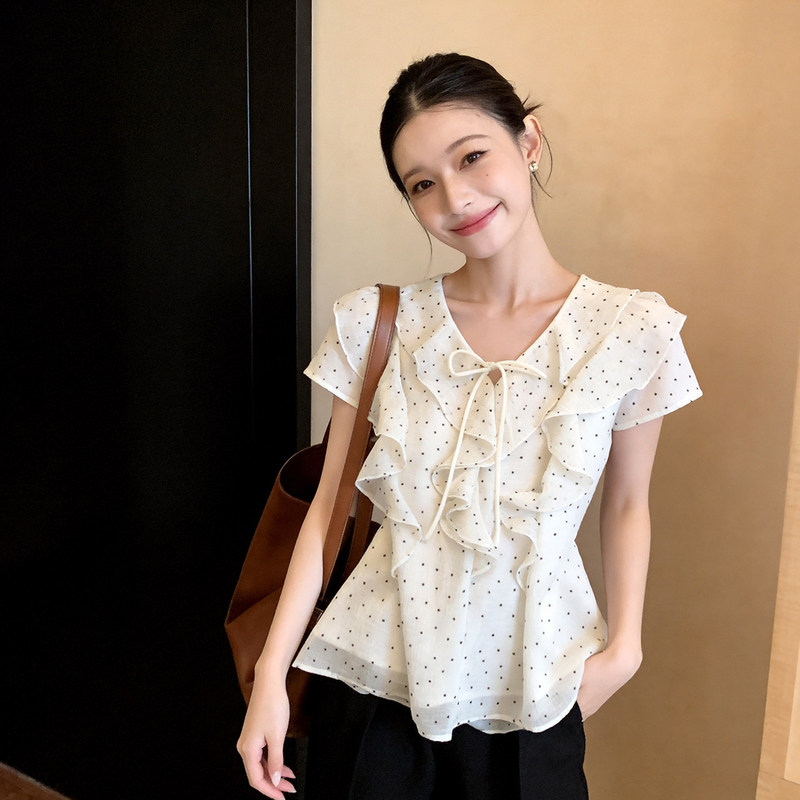 French-Style Ruffled Polka-Dot Short-Sleeved Chiffon Shirt for Women, New Design Niche Short-Sleeved Top A11639 French-Style Ruffled Polka-Dot Short-Sleeved Chiffon Shirt for Women, New Design Niche Short-Sleeved Top A11639