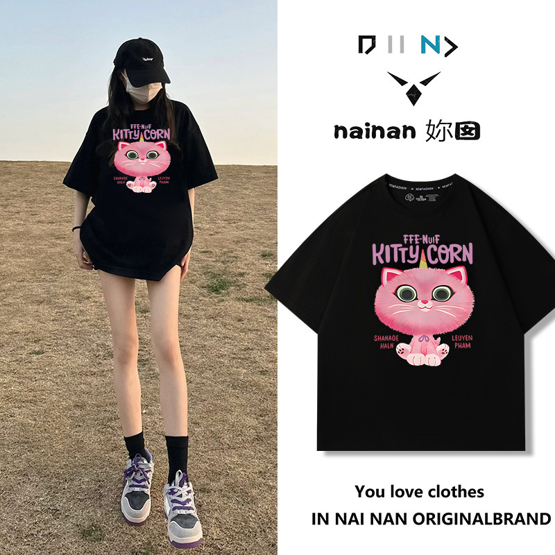 純綿半袖tシャツ女性夏韓国版新型ゆるい丸首小衆白色アニメプリント学生半袖tシャツ|undefined