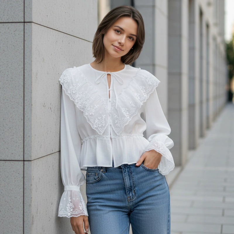2026 Summer French Design Doll Collar Flared Sleeve Top for Women, Fashionable Waist-Cinching White Lace Top for Women