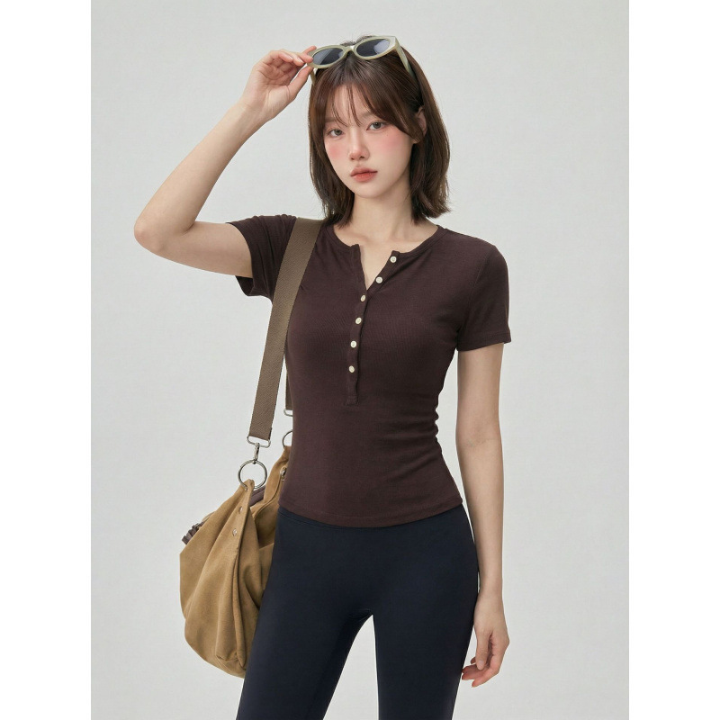 Yoga Clothing Short-Sleeved Slim-Fitting T-Shirt with Buttons and Henry Collar Fitness Clothing Running Training Sports Top for Women