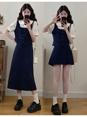 实拍胖妹妹2025夏季新款正肩假两件短袖衬衫+半身裙收腰减龄套装