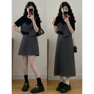 Plus Size Women's Clothing Fat mm New Fake Two-Piece Lace Splicing Top + Long and Short Skirt Two-Piece Set