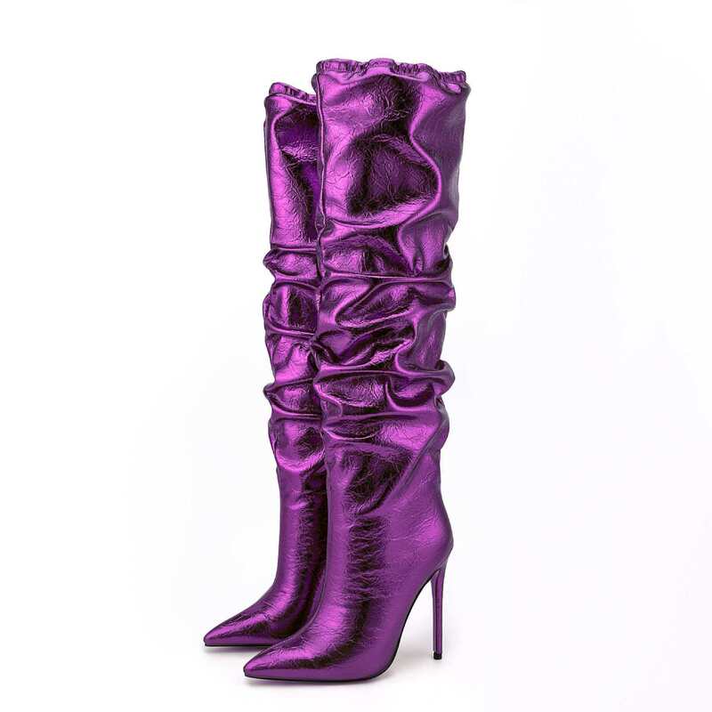 2026 European and American Style Metallic Luster Pleated Over-The-Knee Boots with Pointed Toe and Thin High Heels, Fashionable Runway Style 2026 European and American Style Metallic Luster Pleated Over-The-Knee Boots with Pointed Toe and Thin High Heels, Fashionable Runway Style