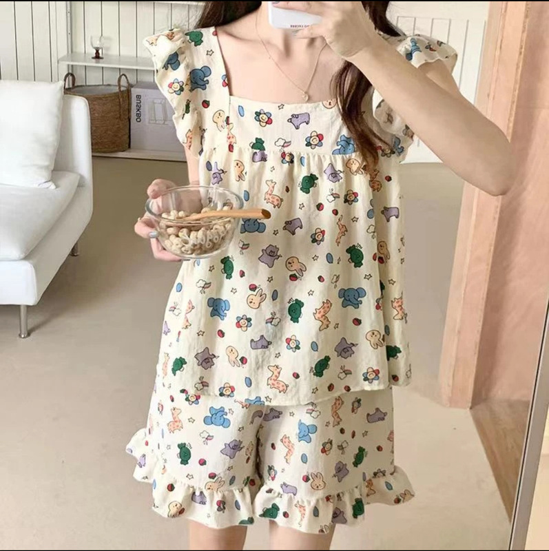 2025 Pajamas Women's Summer Sling Sleeveless Sweet Ruffled Flying Sleeve Princess Style Student Home Clothes suit