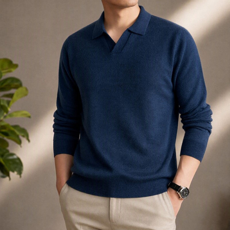 New autumn and winter men's solid color versatile wool knit sweater with a turn-down collar, casual and comfortable top, versatile base shirt