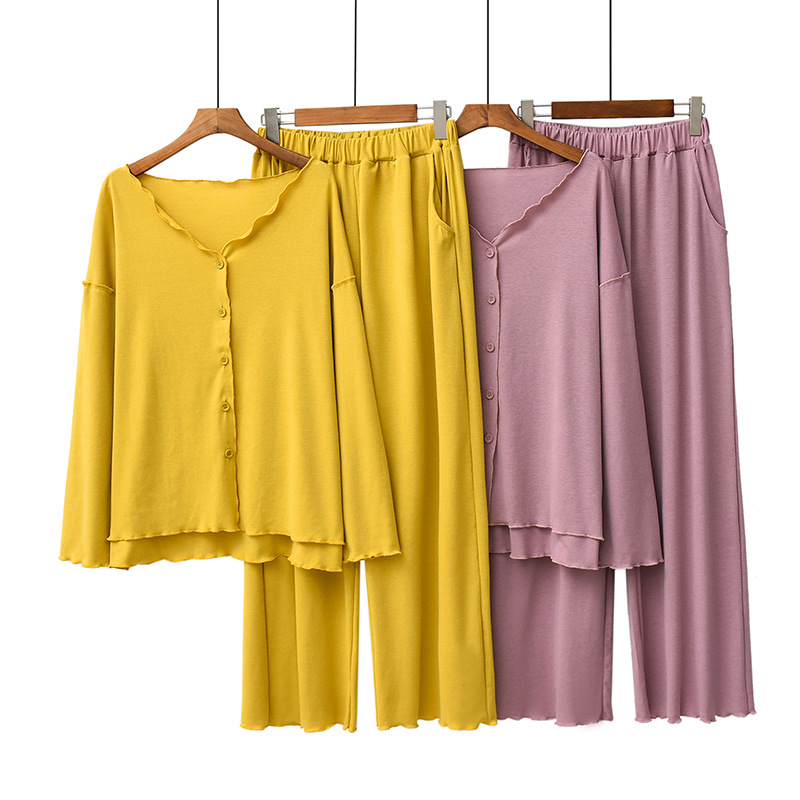 Primavera y otoño nuevo vuelo modal con cuello en V cardigan pantalones de manga larga suelta casa fábrica pijamas traje de las mujeres