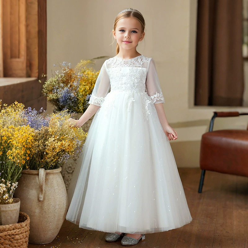 Девушка новый стиль платье платье кружева детская юбка длинная семиочечный рукав цветочница свадебное платье принцессы через границу