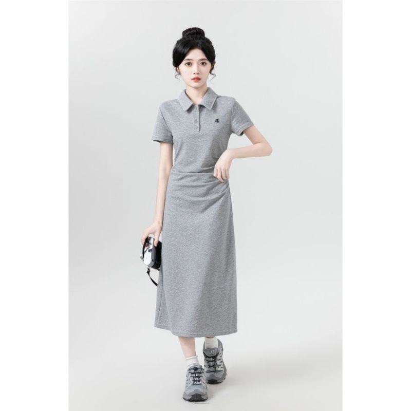 French Style Polo Neck Short-sleeved T-shirt dress Women's Summer Tight Waist Pleated Slimming Casual Mid-length Skirt