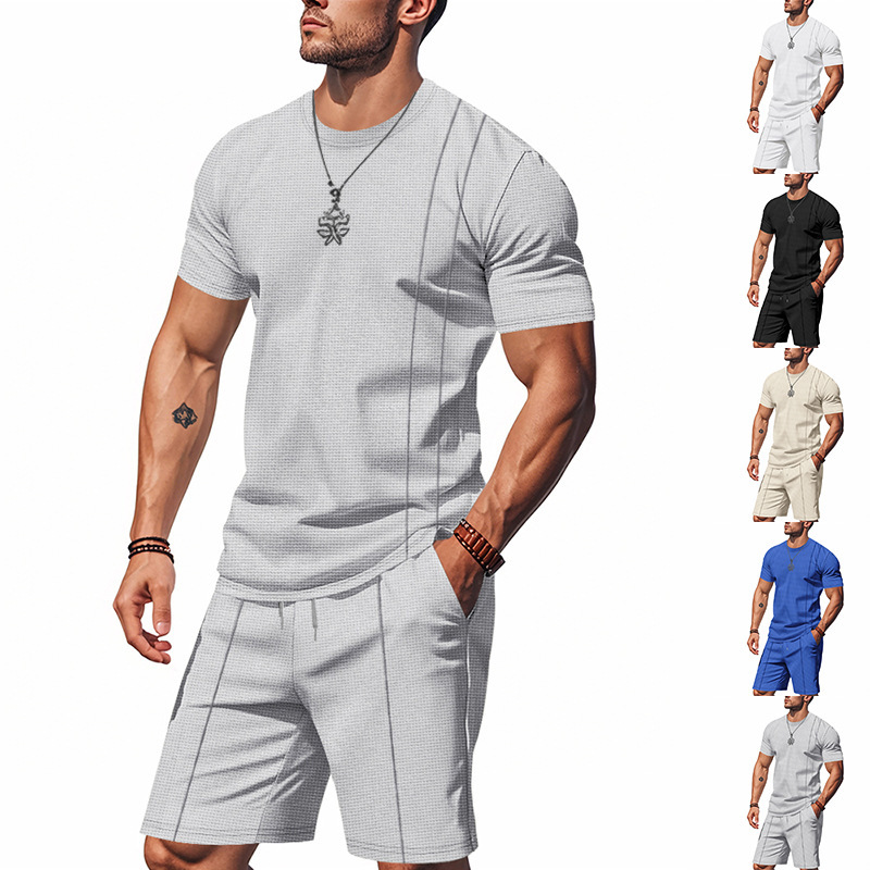 Men's Clothing Summer Men's Loose Waffle Two Piece Suit Round Neck Short Sleeved Shorts Set Simple Style For Formal & Casual_viptrois.com