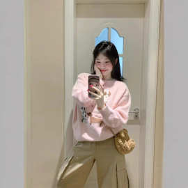 百搭宽松气质长袖上衣小狗粉色仿貂毛套头毛衣圆领女冬