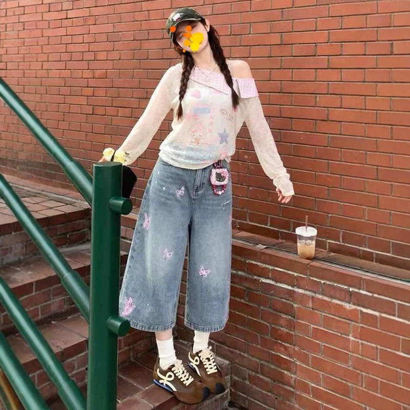Vintage Denim Capri Pants for Women, Low-Waist Slimming Straight-Leg Capri Pants, Summer Thin Wide-Leg Denim Capri Pants for Women