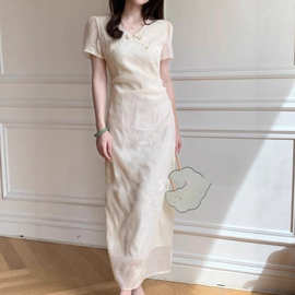 工厂夏新新中式国风气质优雅改良旗袍珍珠扣绣花白色连衣裙复古女