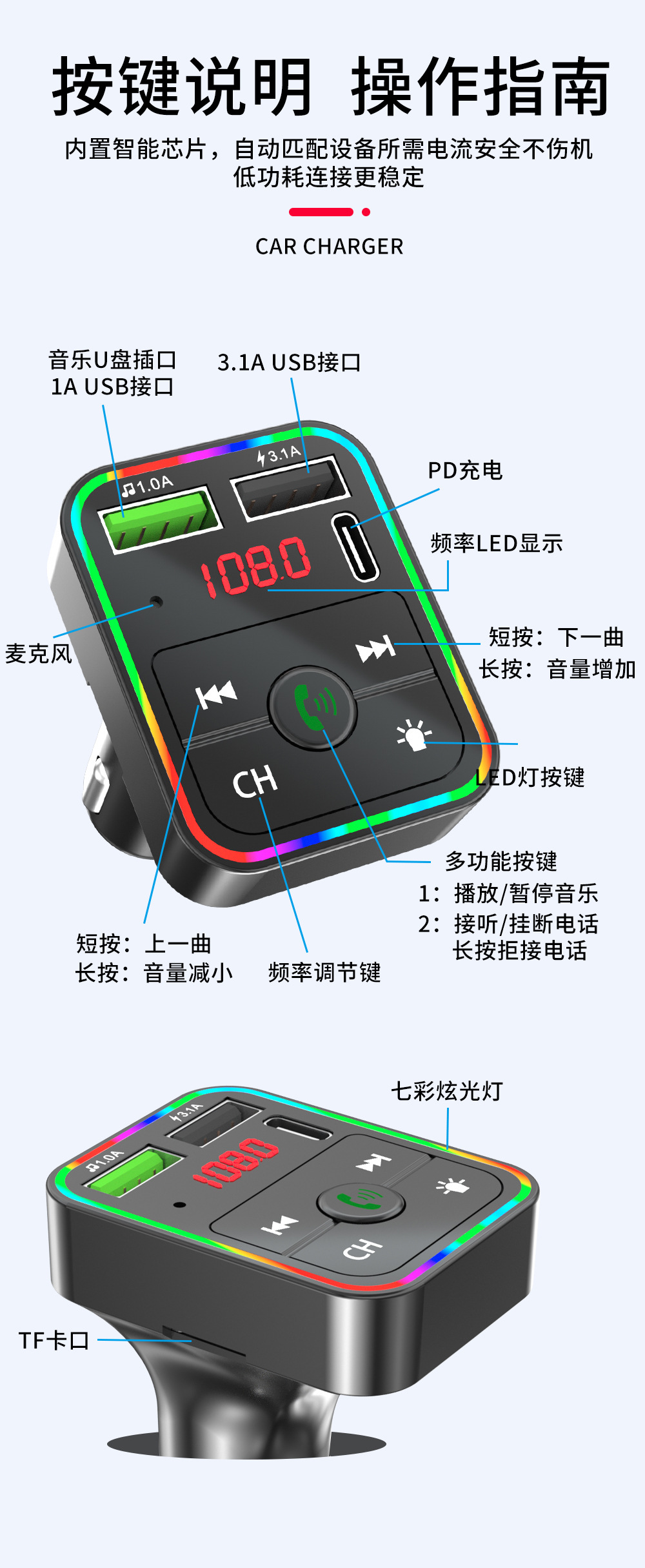 Fm Transmitter and Receiver Car Bluetooth Mp3 Player with Ambient Light Fm Automatic Channel Search to Say Goodbye to Noise