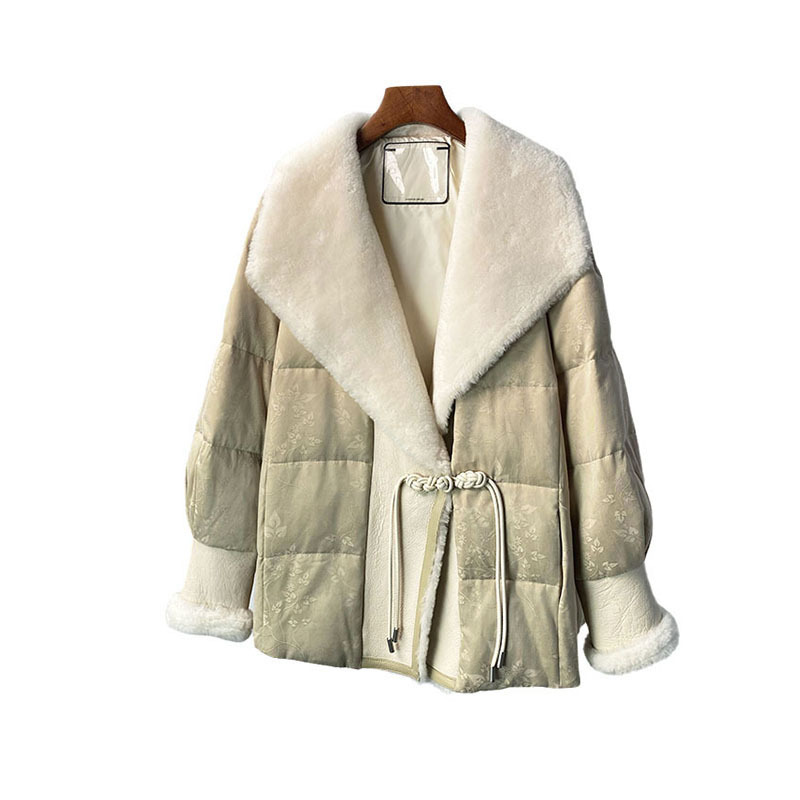 Off-Season Special Offer Winter Fur Outwear Women's White Goose down Jacket Mid-Length Chinese Style Goatskin Fur All-In-One Outwear