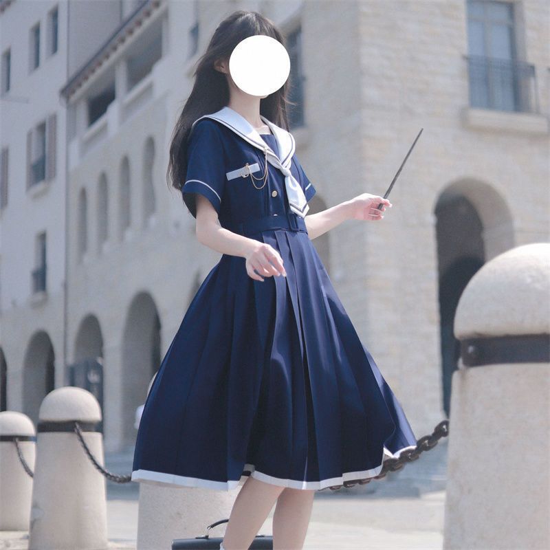 Summer New Academy Style Navy Collar Elegant Tight Waist Slimming dress Female Student Mid-Length Pleated A- Line Skirt Summer New Academy Style Navy Collar Elegant Tight Waist Slimming dress Female Student Mid-Length Pleated A- Line Skirt