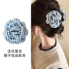 复古气质百搭花朵发夹女2025新款后脑勺鲨鱼夹头饰格纹玫瑰花抓夹