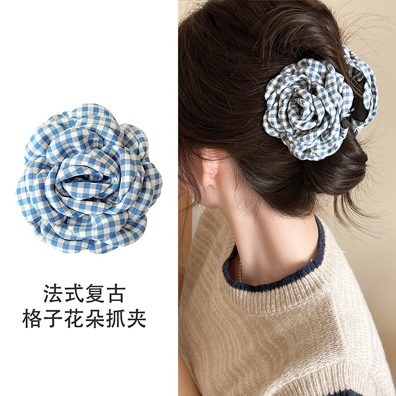 复古气质百搭花朵发夹女2025新款后脑勺鲨鱼夹头饰格纹玫瑰花抓夹|undefined