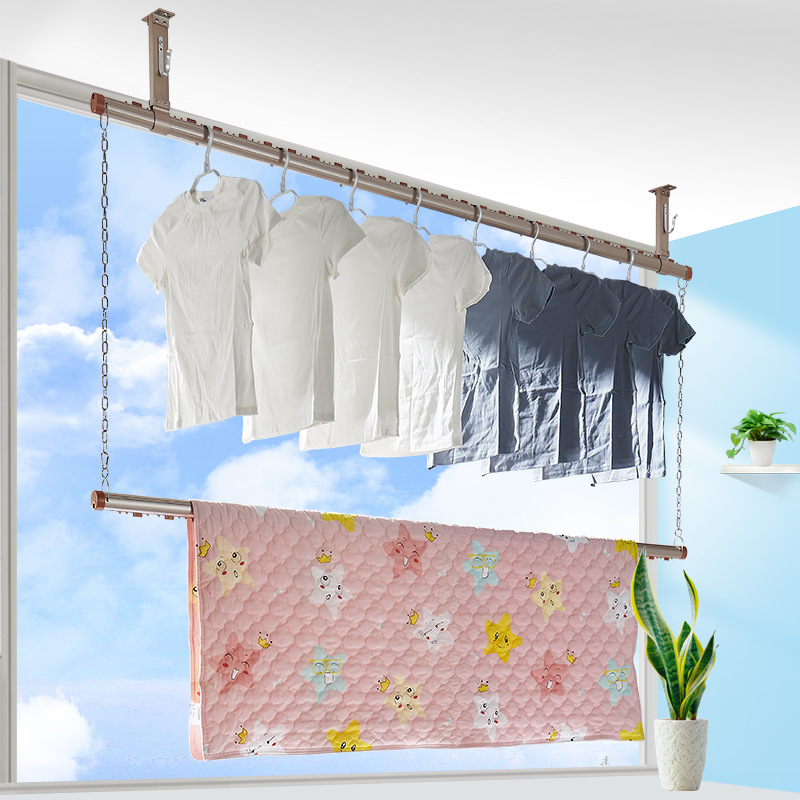 Top-mounted double-layer drying pole clothes drying pole balcony fixed aluminum alloy drying rack multifunctional Simple drying quilt pole