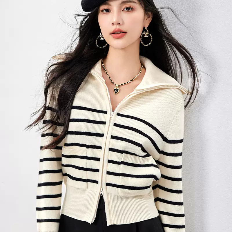 G0253条纹针织衫短款休闲小个子女装厂家跨境毛衣开衫女士上衣秋