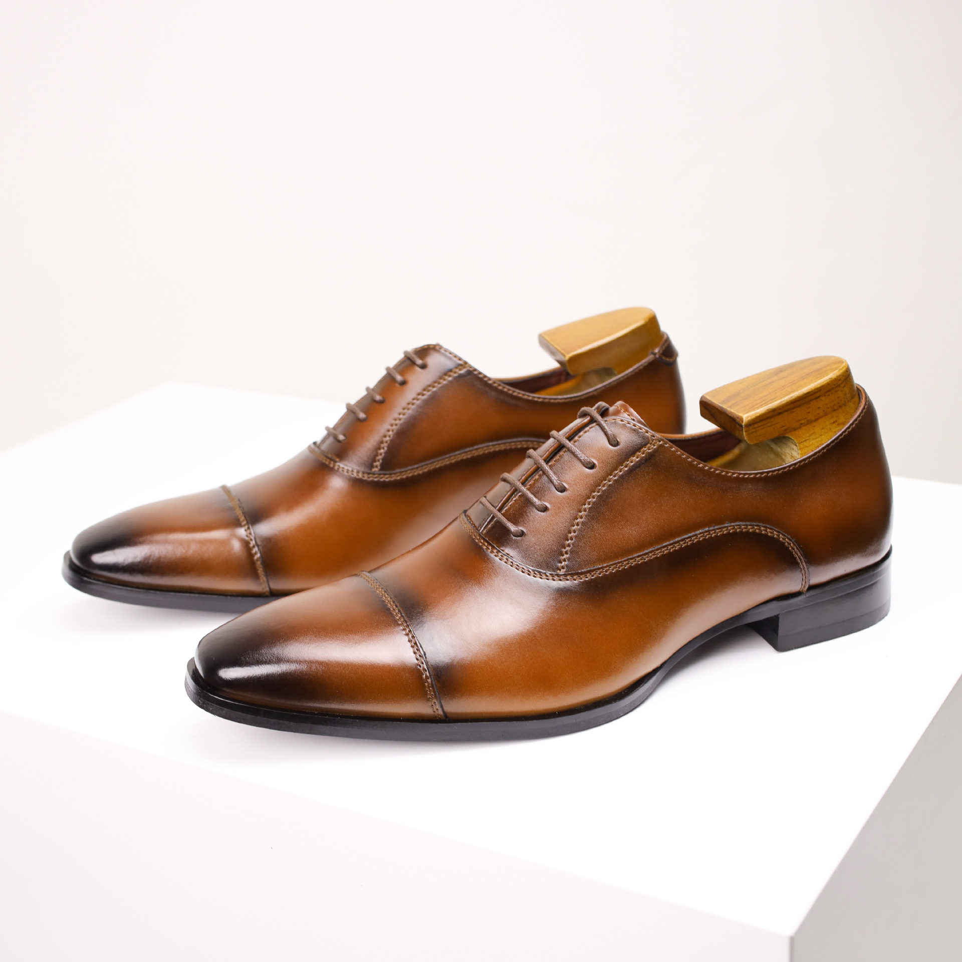 Men’s Hand Burnished Cap Toe Oxford Shoes, Gradient Brown Genuine Leather Formal Wedding Business Dress Shoes_vogvips.com
