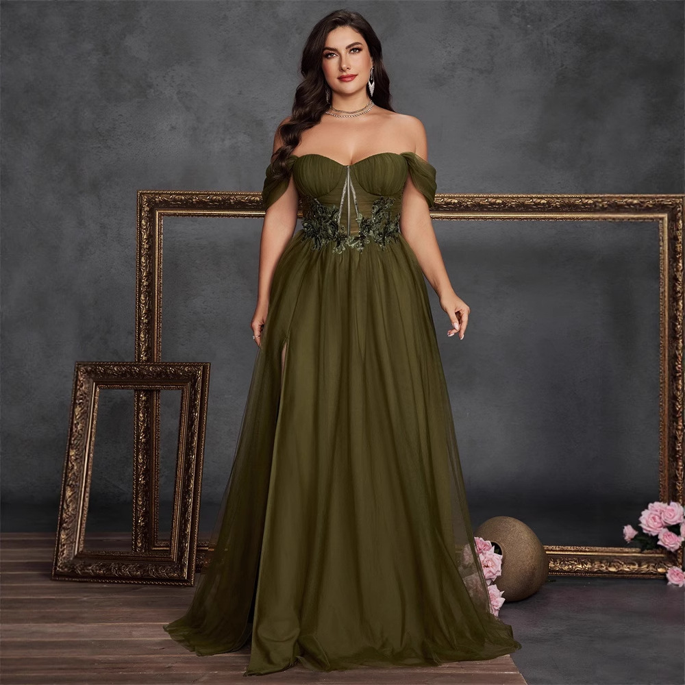 European and American Amazon New Large Size Chiffon Green Slit Dress Long Slim Fishtail Bridesmaid Banquet Evening Dress