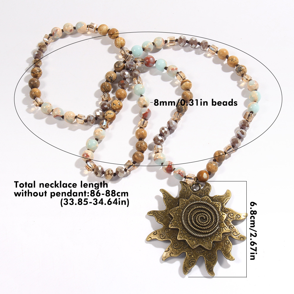 Sun Pattern Bohemian Sun Natural Stone Beaded Chain Pendant Necklace In Bulk