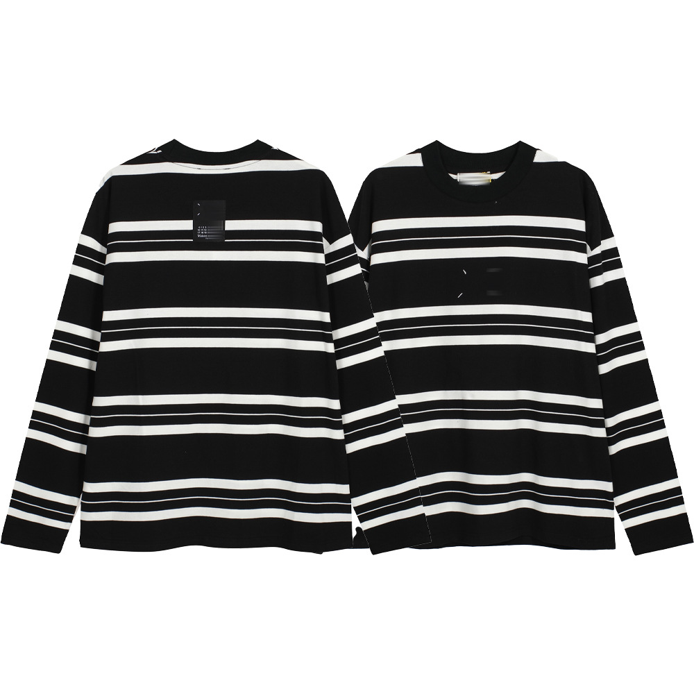 mm6 marca de moda americana de cuello redondo rayas camiseta de manga larga pareja suelta camiseta de base universal camiseta de manga larga color contrastante