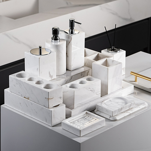 Natural Jazz White Marble Bathroom Toiletries Set Hotel Style Bathroom Shelf Countertop Storage