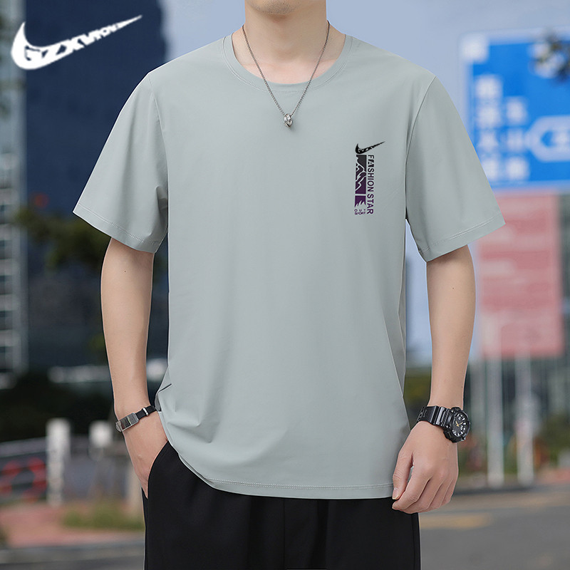 Men's 2025 Summer Ice Silk Short-Sleeved T-Shirt Men's Thin Round Neck Loose Large Size Sports Casual Quick-Drying Half-Sleeved T-Shirt