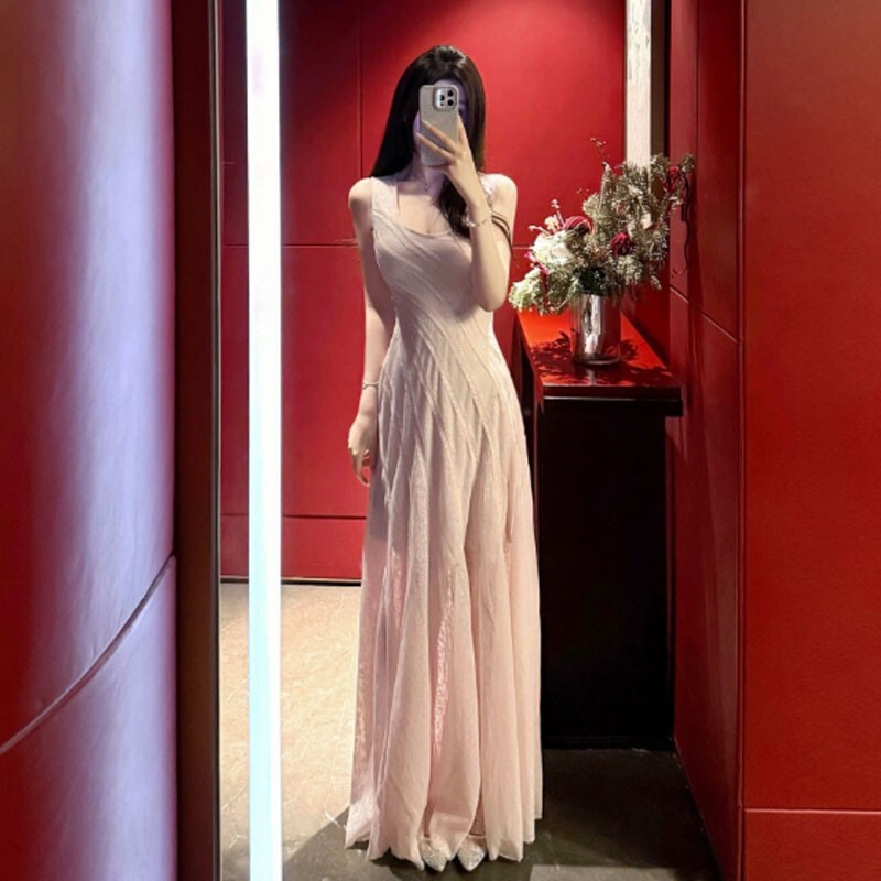 Pink Suspender Dress for Women, French High-End, Accessible Luxury, Ladylike Elegant, Asymmetrical Cut Lace Splicing Long Skirt