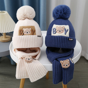 Autumn and Winter Children's Hat Boy's Bear Wool Hat Girls' Knitted Cotton Warm Baby's Hat and Scarf Two-piece Set