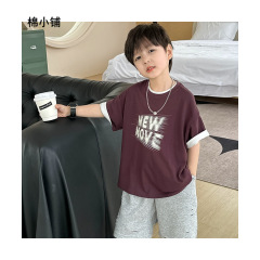 男の子の上着の夏服の2024子供のtシャツの簡単な潮のプリントのtシャツの夏の新型の赤ちゃんの韓国版のアルファベットの子供服