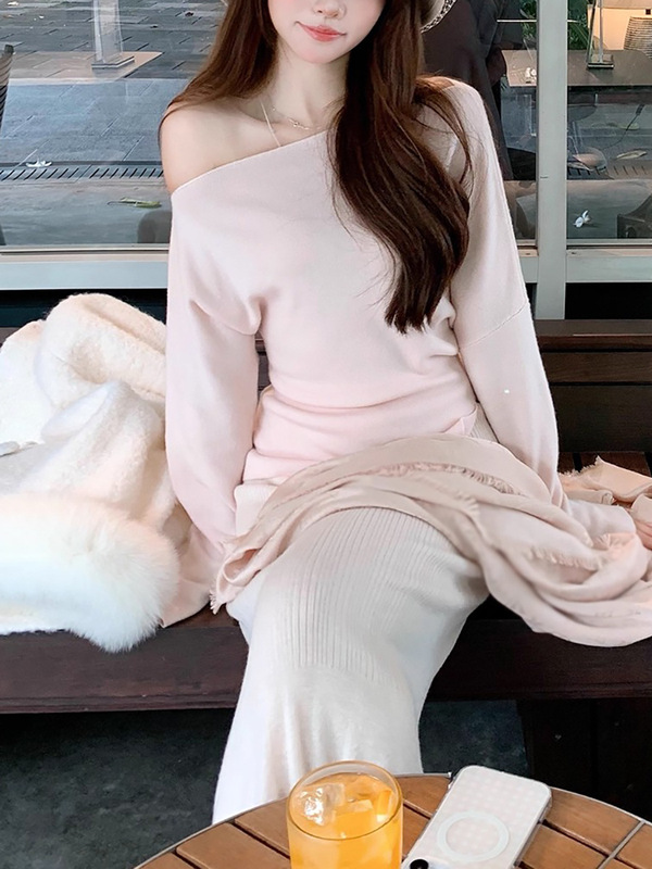 慵懒步调 羊毛蝙蝠袖斜肩针织衫上衣女|undefined