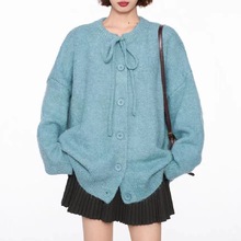纯色蝴蝶结针织开衫毛衣外套女秋冬季加厚宽松慵懒风深秋初冬外穿