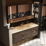 Шкаф для ванной из ротанга, керамический встроенный умывальник, зеркальный шкаф, шкаф для умывальника, комбинированная ванная комната, умывальник для рук, новый стиль 2025