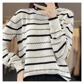 洋气百搭撞色全棉打底衫新款纯棉线曲线长袖时尚圆领针织衫上衣女