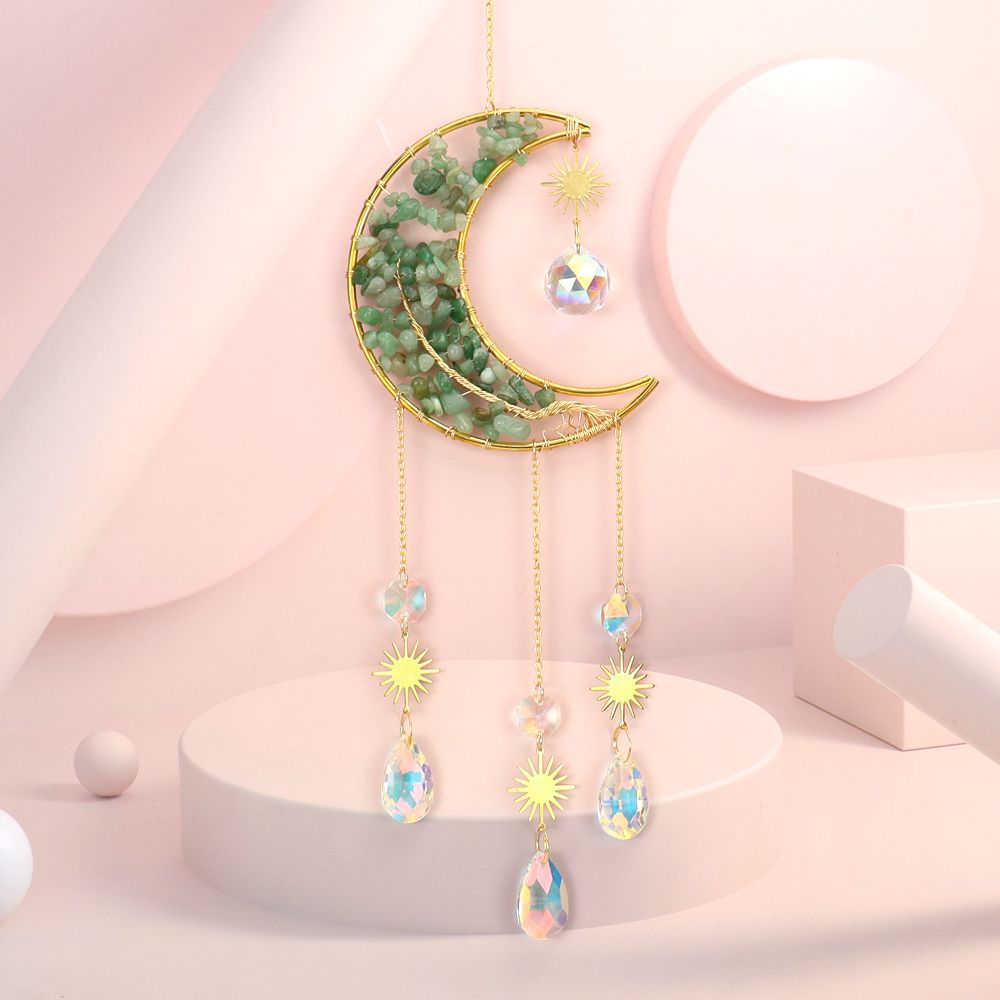 Hecho a mano bobinado natural cristal grava vida árbol Luna Sol catcher adornos campanas de viento colgante decorativo T02